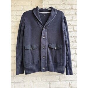 Banana Republic Cable Knit Cardigan Mens LARGE Navy Blue Shawl Collar Fisherman